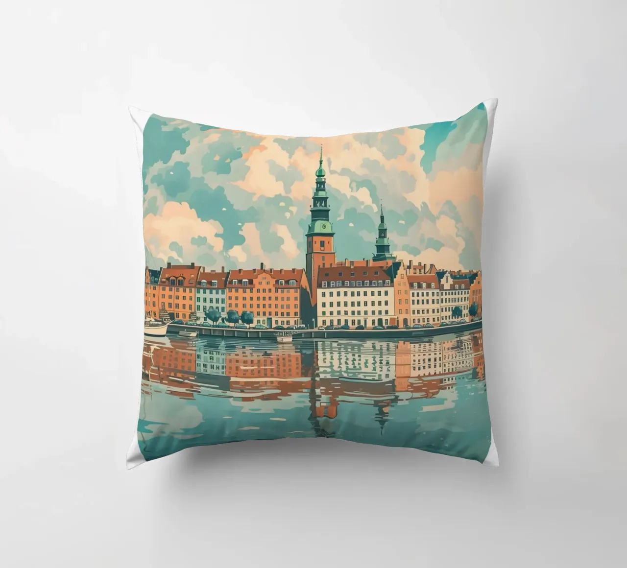 Copenhagen Denmark Nyhavn Canal Cityscape Art Print decorative cushion by homdeco