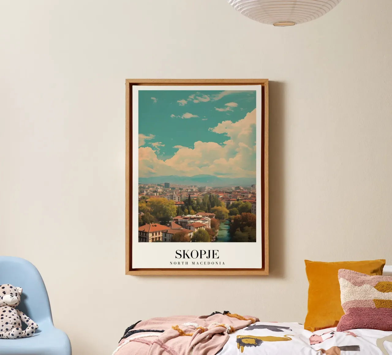 Skopje Noord-Macedonië Stadsgezicht Vardar rivier Art Print canvas met Baklijst van homdeco