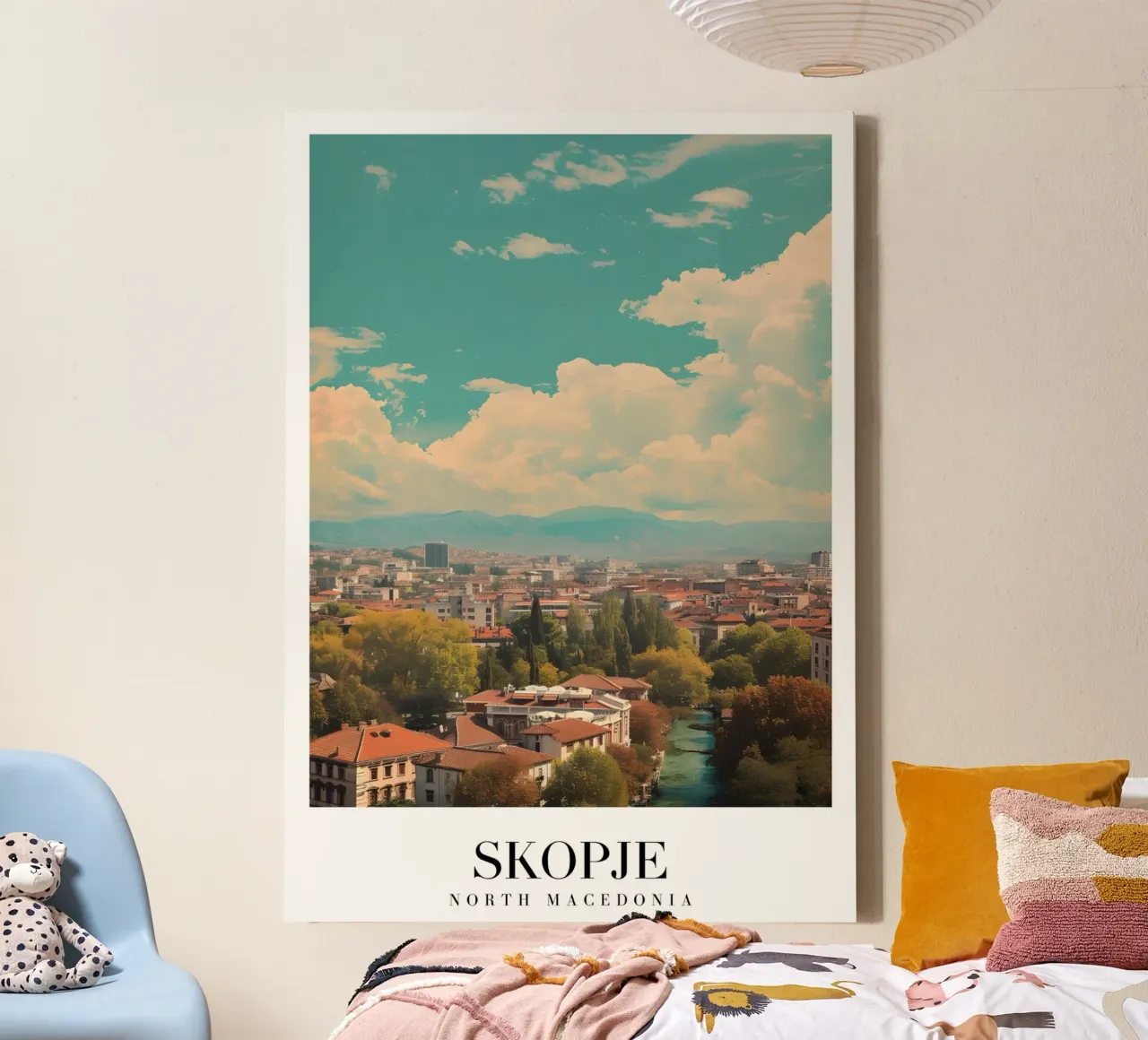Skopje Noord-Macedonië Stadsgezicht Vardar rivier Art Print canvas met Baklijst van homdeco