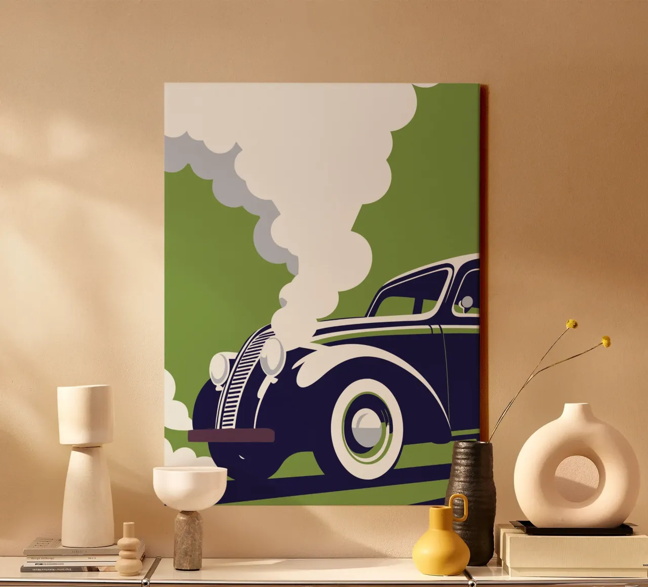 L'auto d'epoca emette fumo tela con Cornice a cassetta da STORE PRESENCE