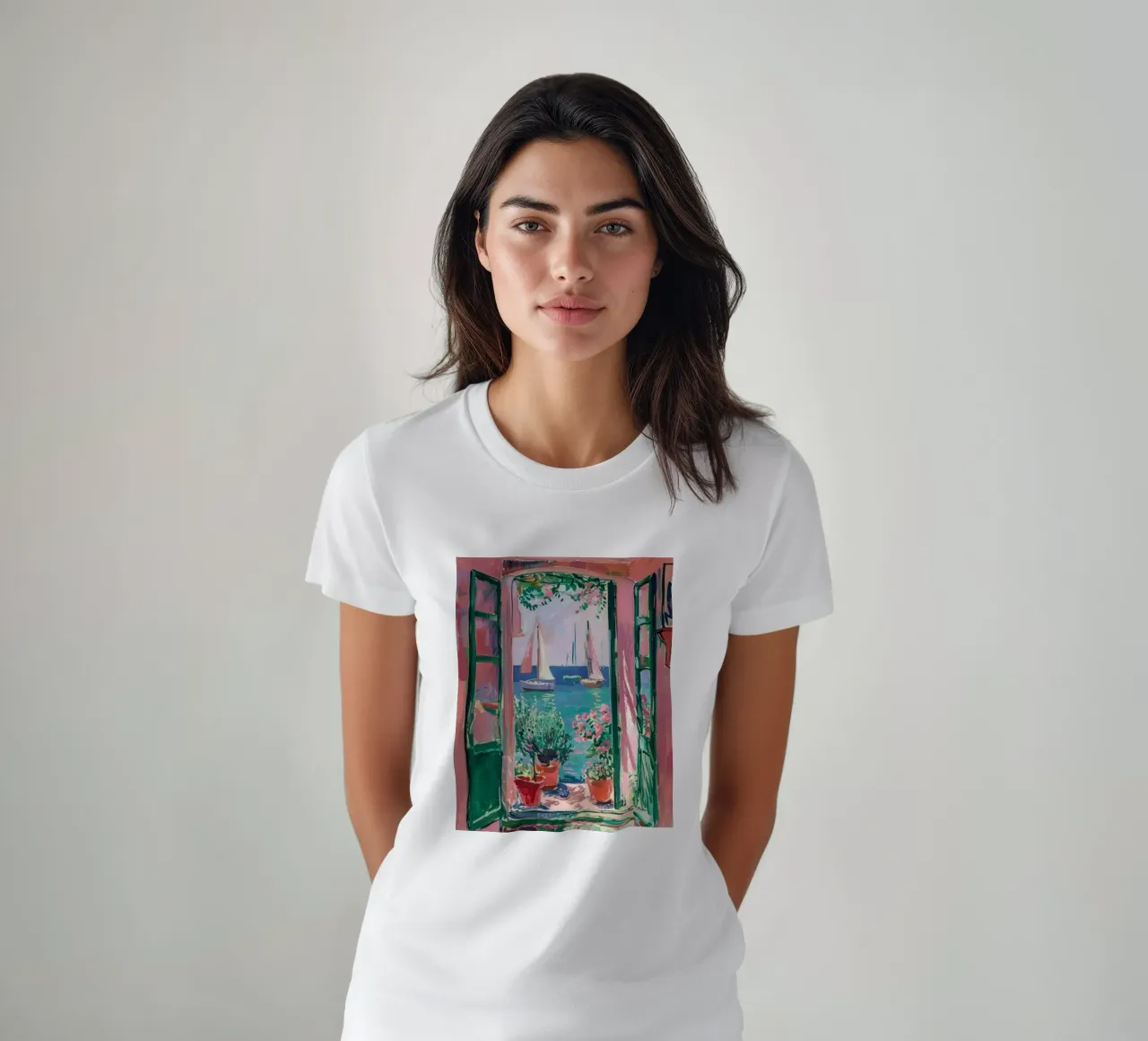 view of a sailboat from behind the window t-shirt by briyan shop