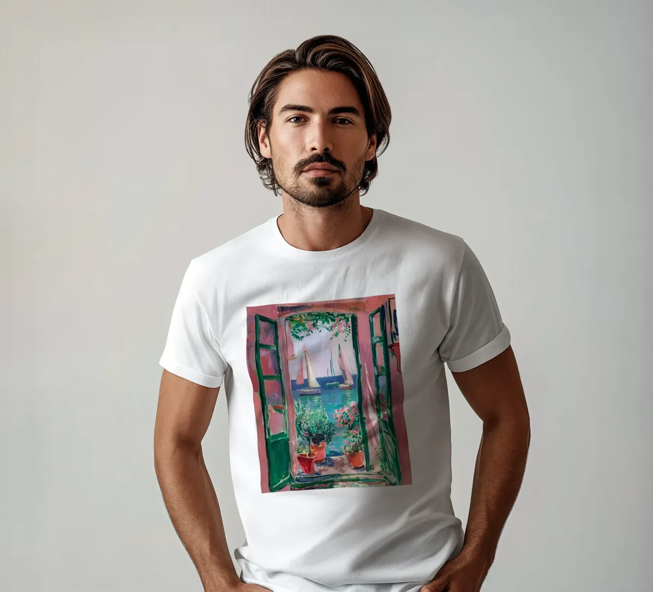 view of a sailboat from behind the window t-shirt by briyan shop