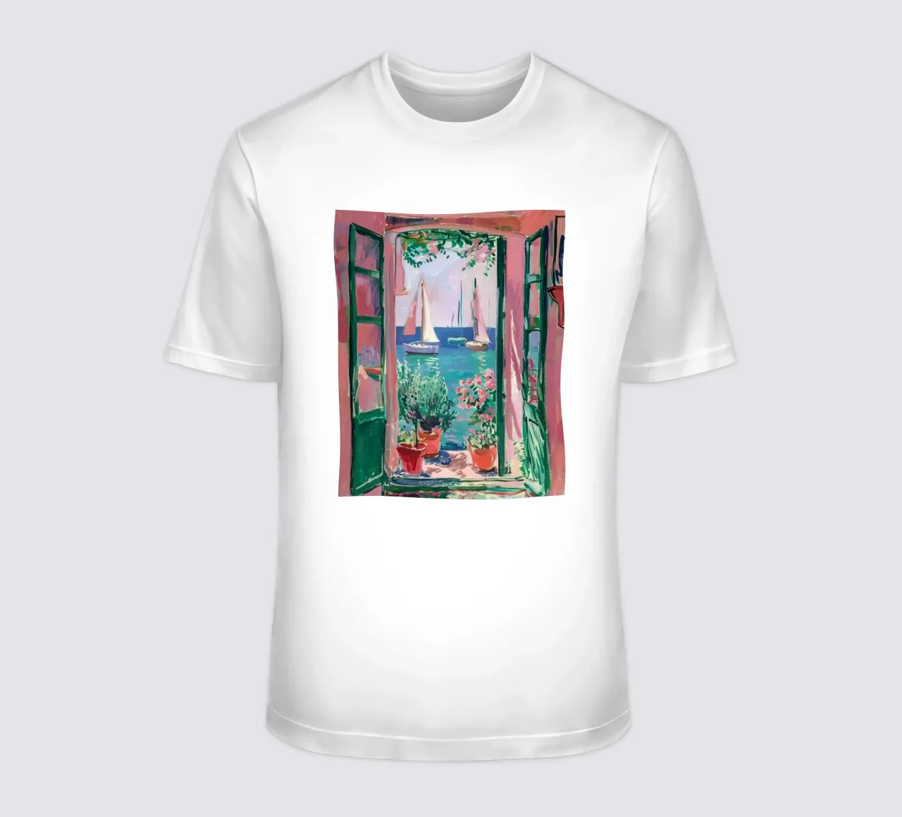 view of a sailboat from behind the window t-shirt by briyan shop