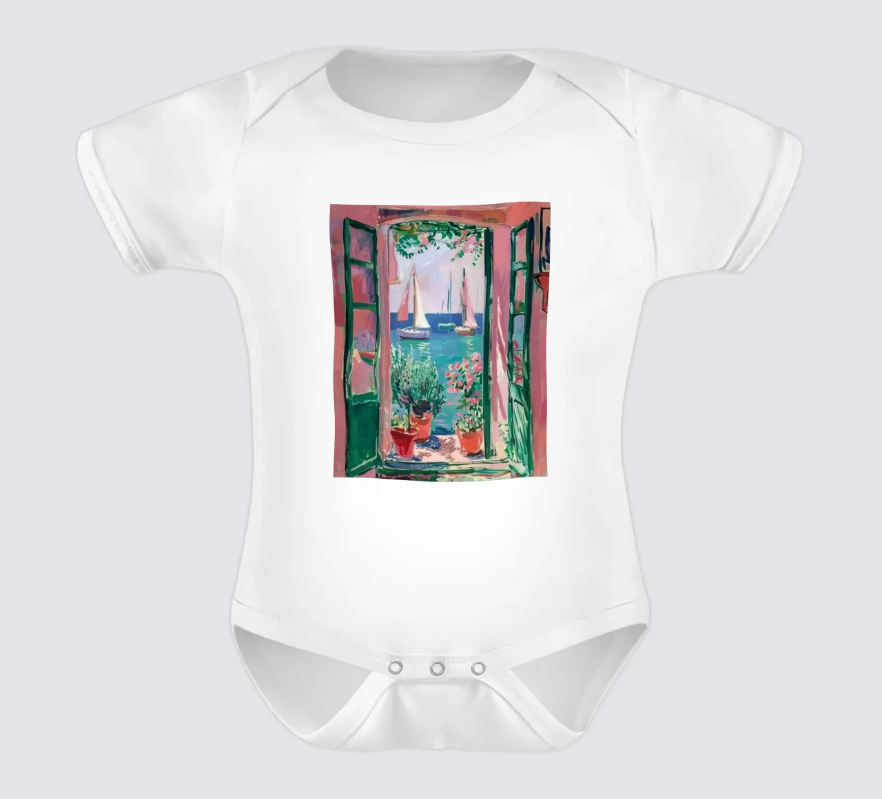 view of a sailboat from behind the window short-sleeve baby romper by briyan shop