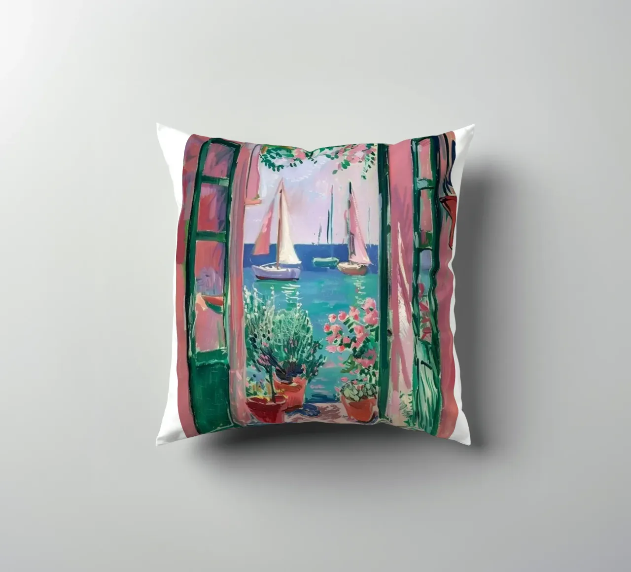 vue d'un voilier depuis l'arrière de la fenêtre coussin de briyan shop