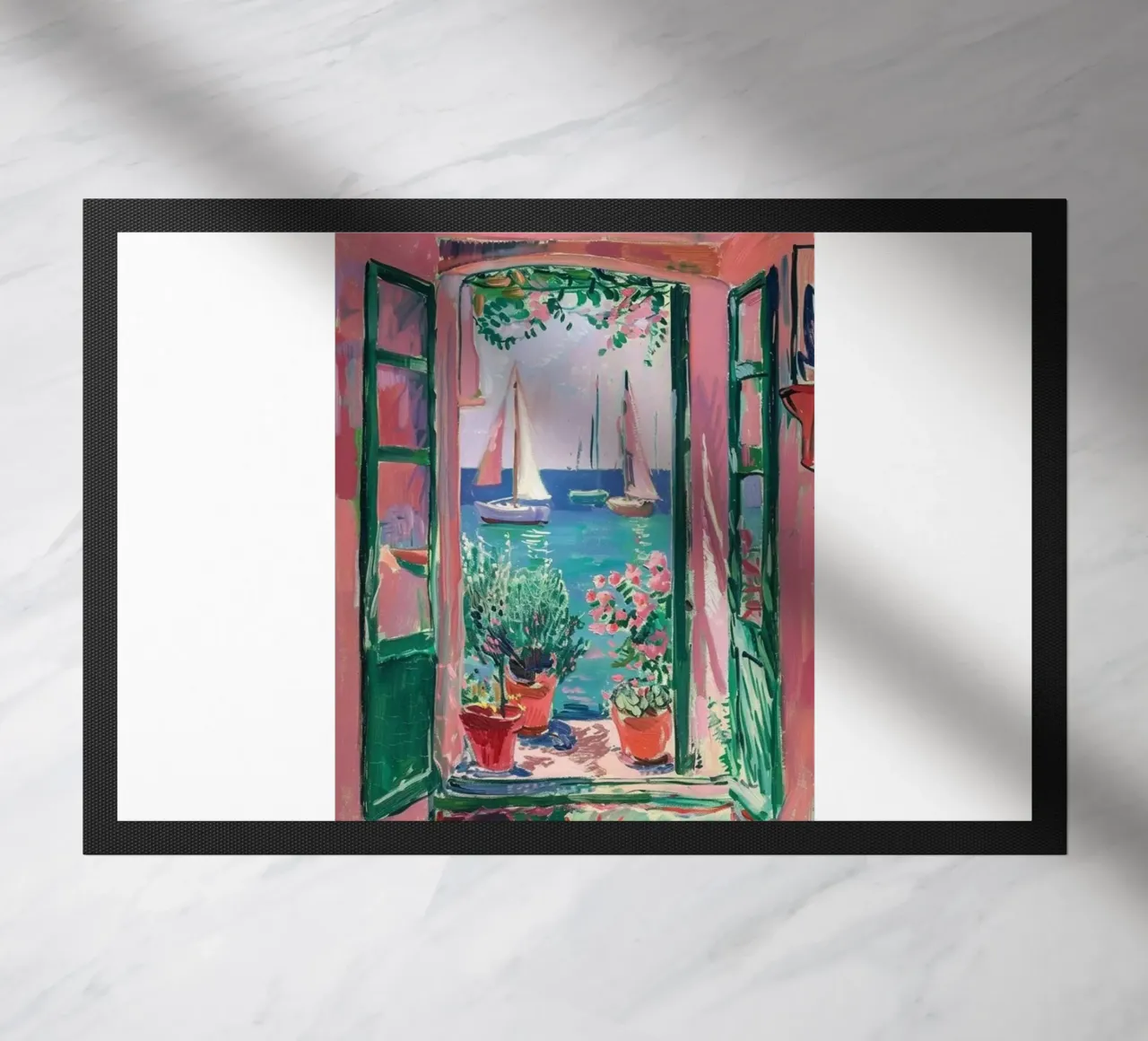 view of a sailboat from behind the window doormat by briyan shop