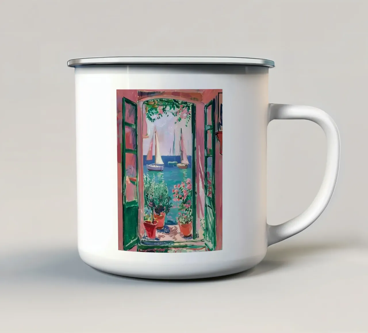 view of a sailboat from behind the window enamel mug by briyan shop