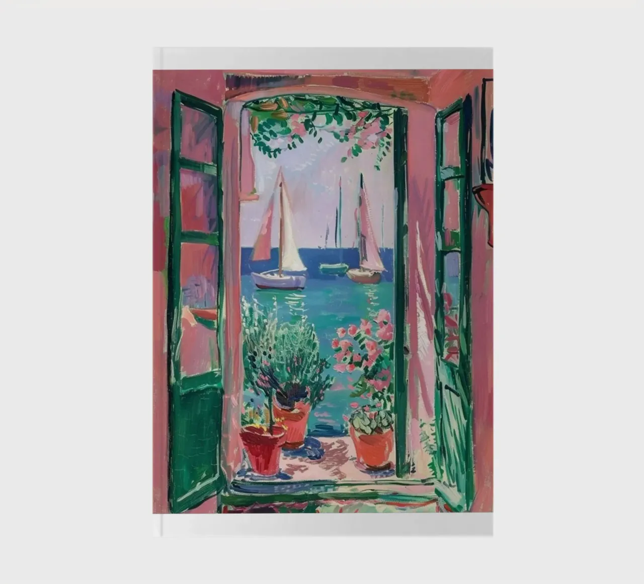 view of a sailboat from behind the window notebook by briyan shop