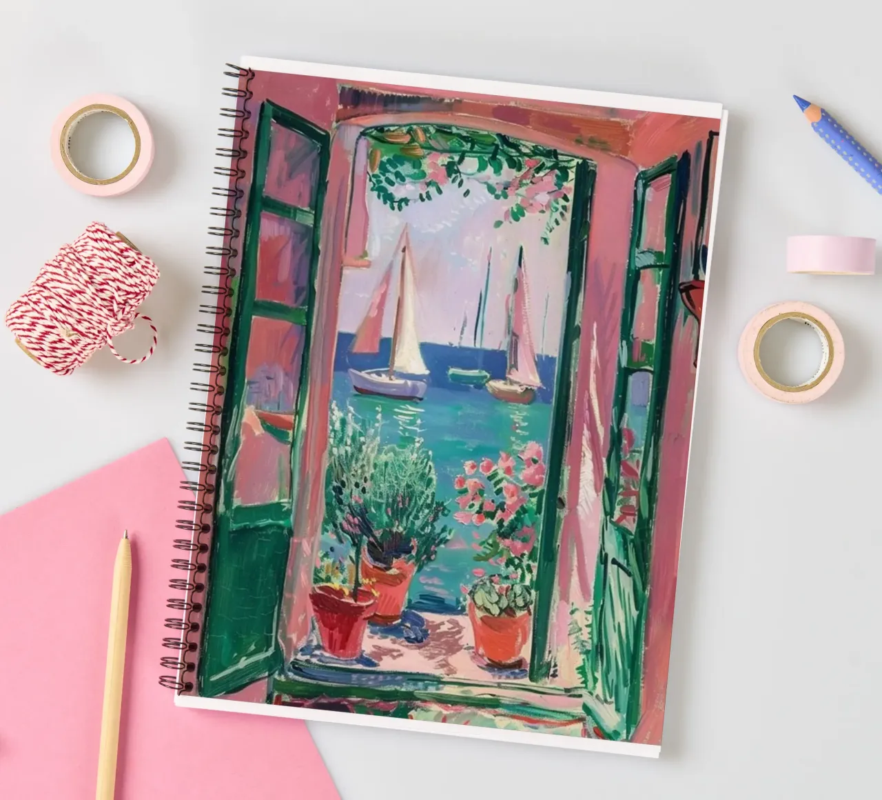 view of a sailboat from behind the window spiral notebook by briyan shop