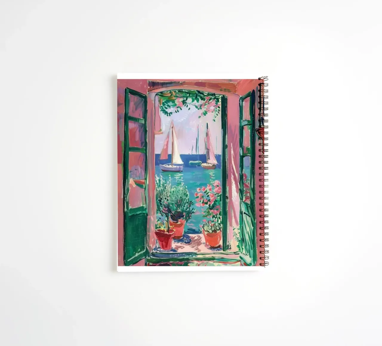 view of a sailboat from behind the window spiral notebook by briyan shop
