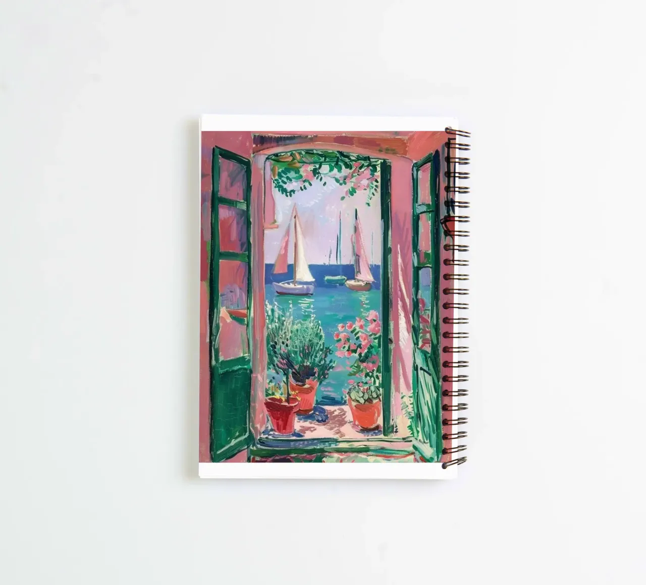 view of a sailboat from behind the window spiral notebook by briyan shop