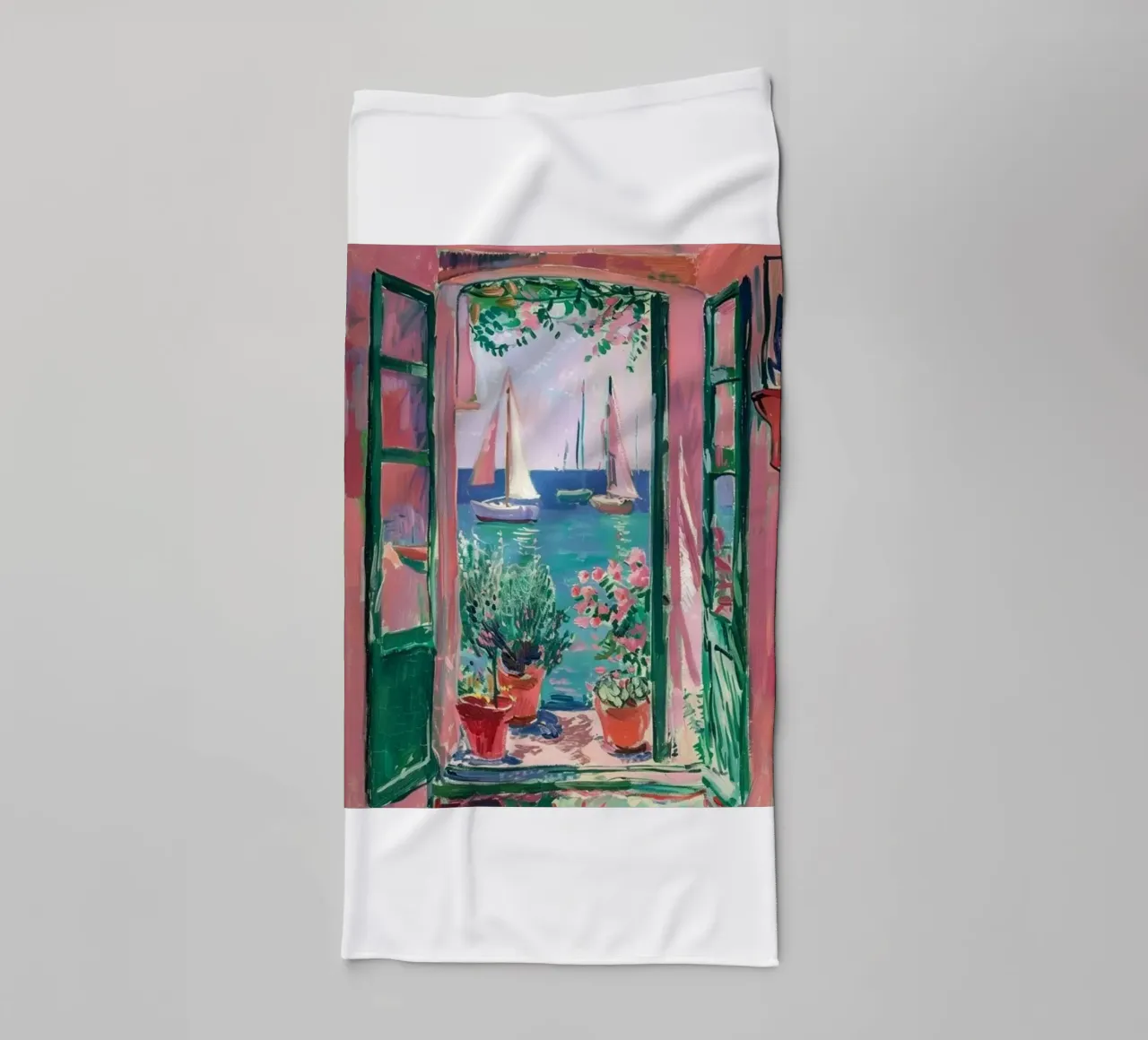 view of a sailboat from behind the window towel by briyan shop