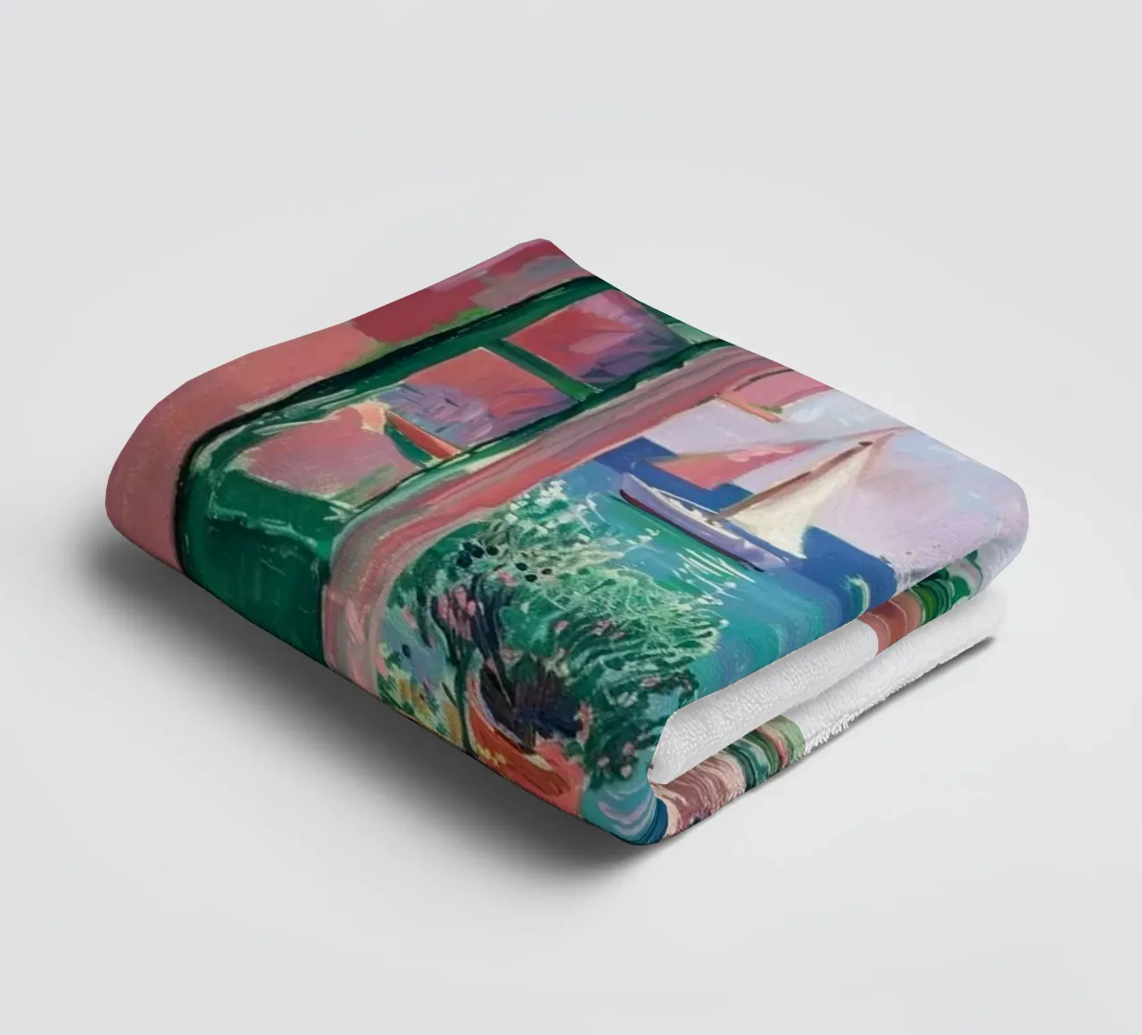 view of a sailboat from behind the window towel by briyan shop