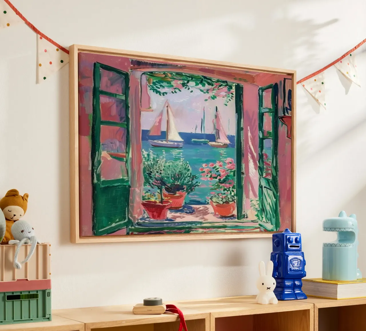 view of a sailboat from behind the window canvas by briyan shop