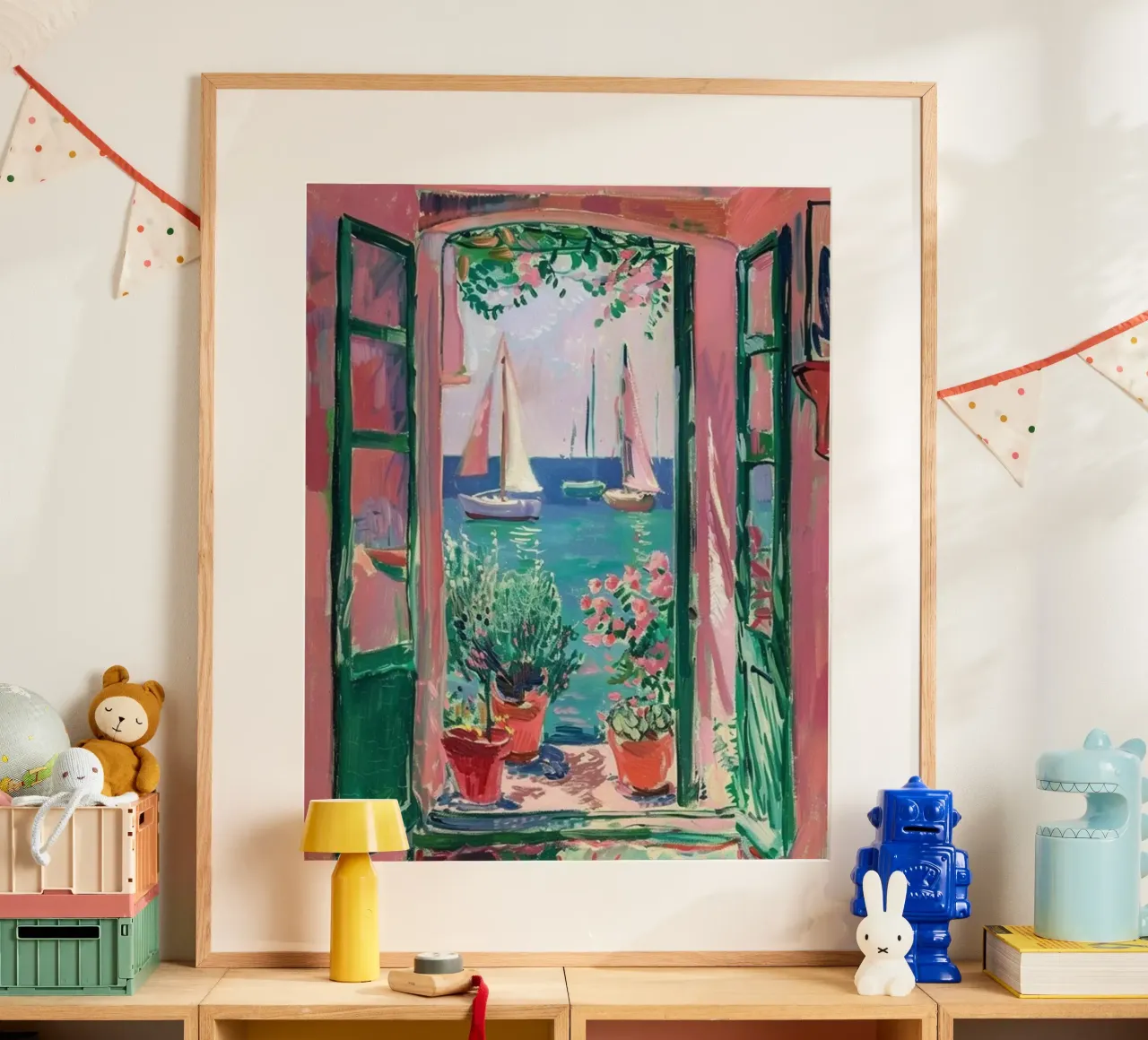 vue d'un voilier depuis l'arrière de la fenêtre poster avec cadre en bois de briyan shop