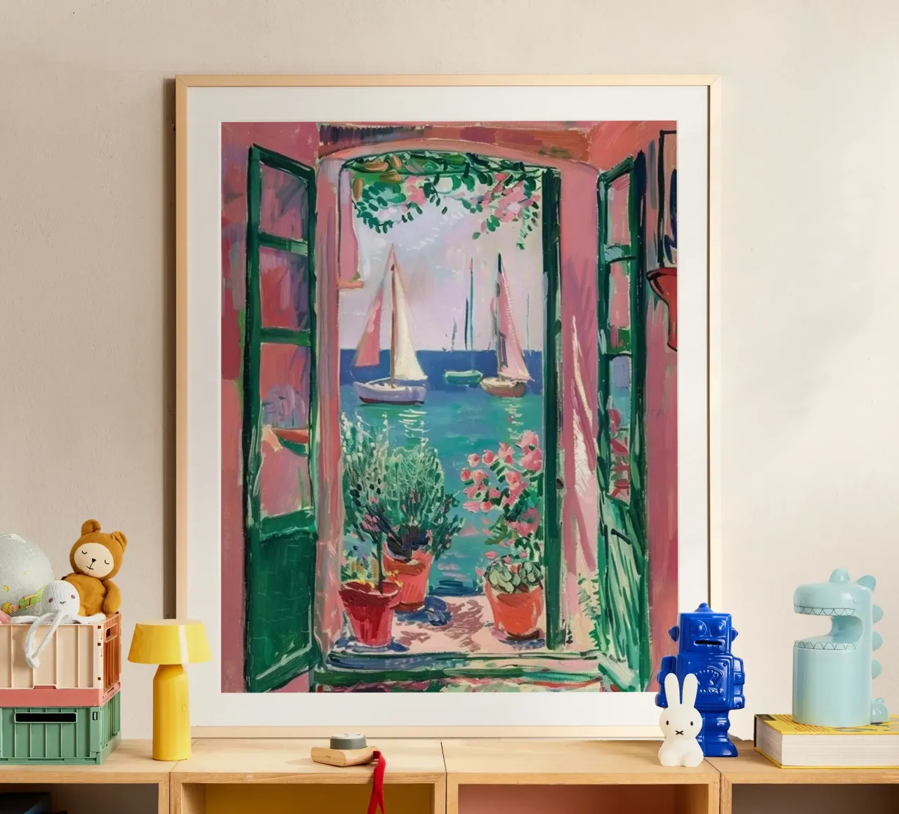 vue d'un voilier depuis l'arrière de la fenêtre poster avec cadre en bois de briyan shop