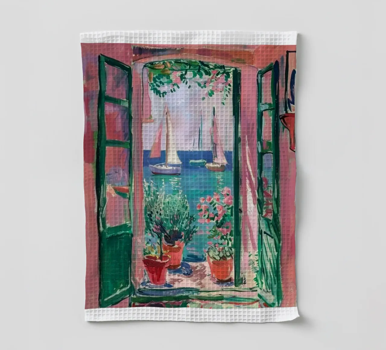 view of a sailboat from behind the window tea towel by briyan shop