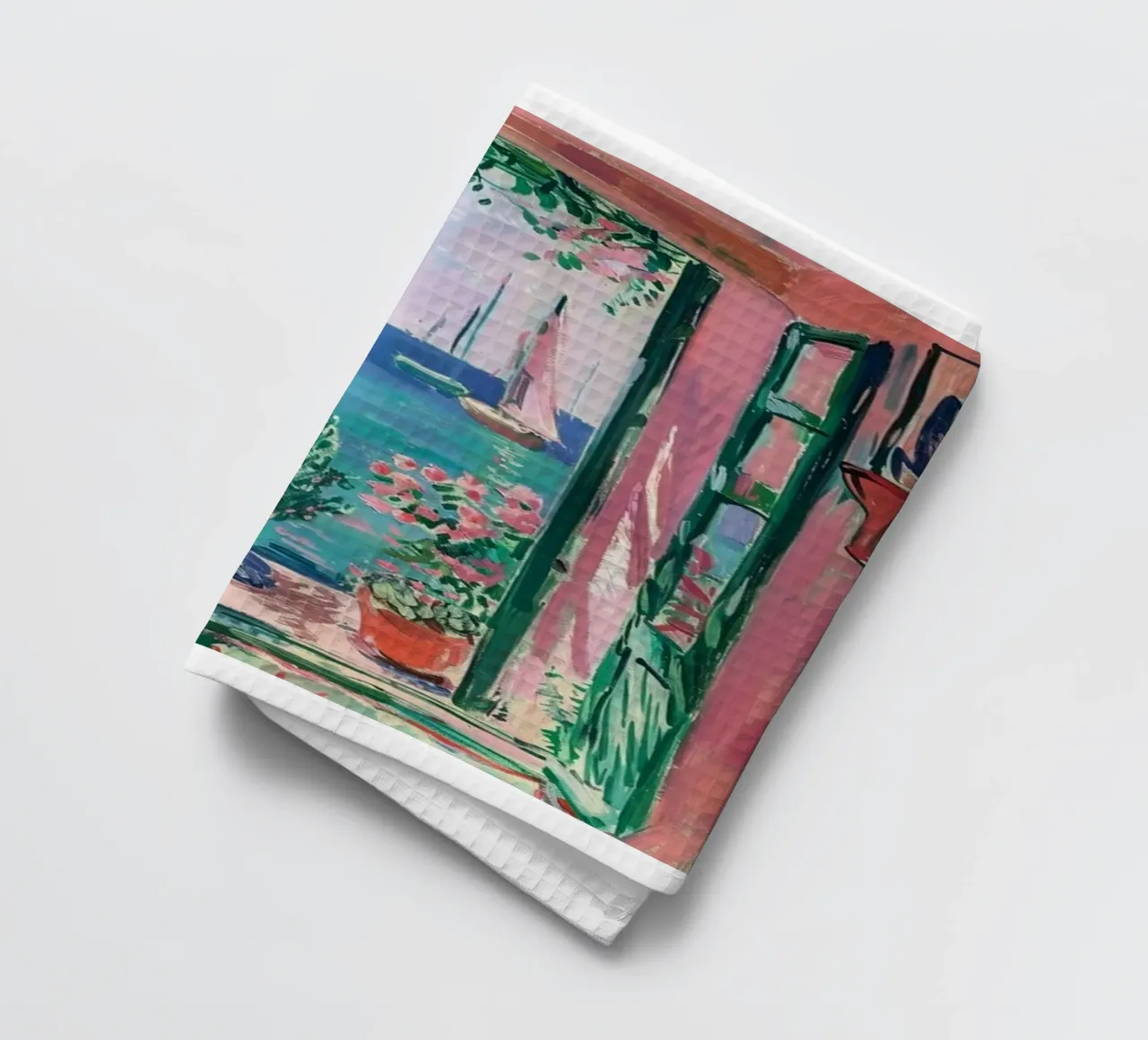 view of a sailboat from behind the window tea towel by briyan shop