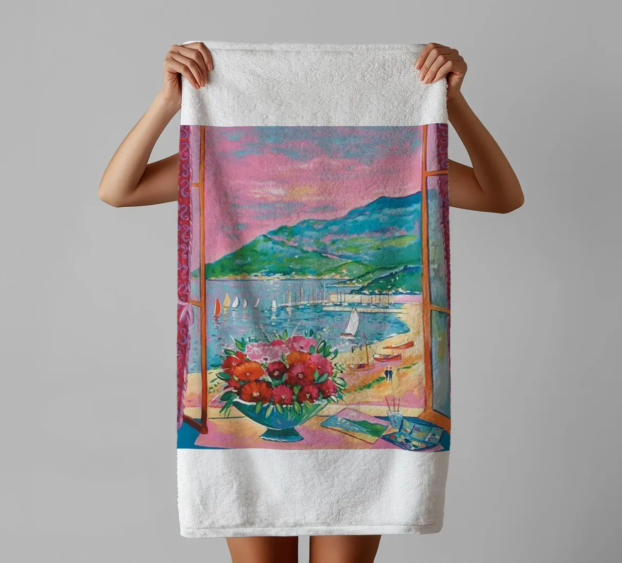 view of the coastline below the mountain towel by briyan shop