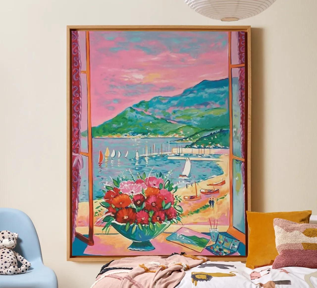 view of the coastline below the mountain canvas with Floater frame by briyan shop