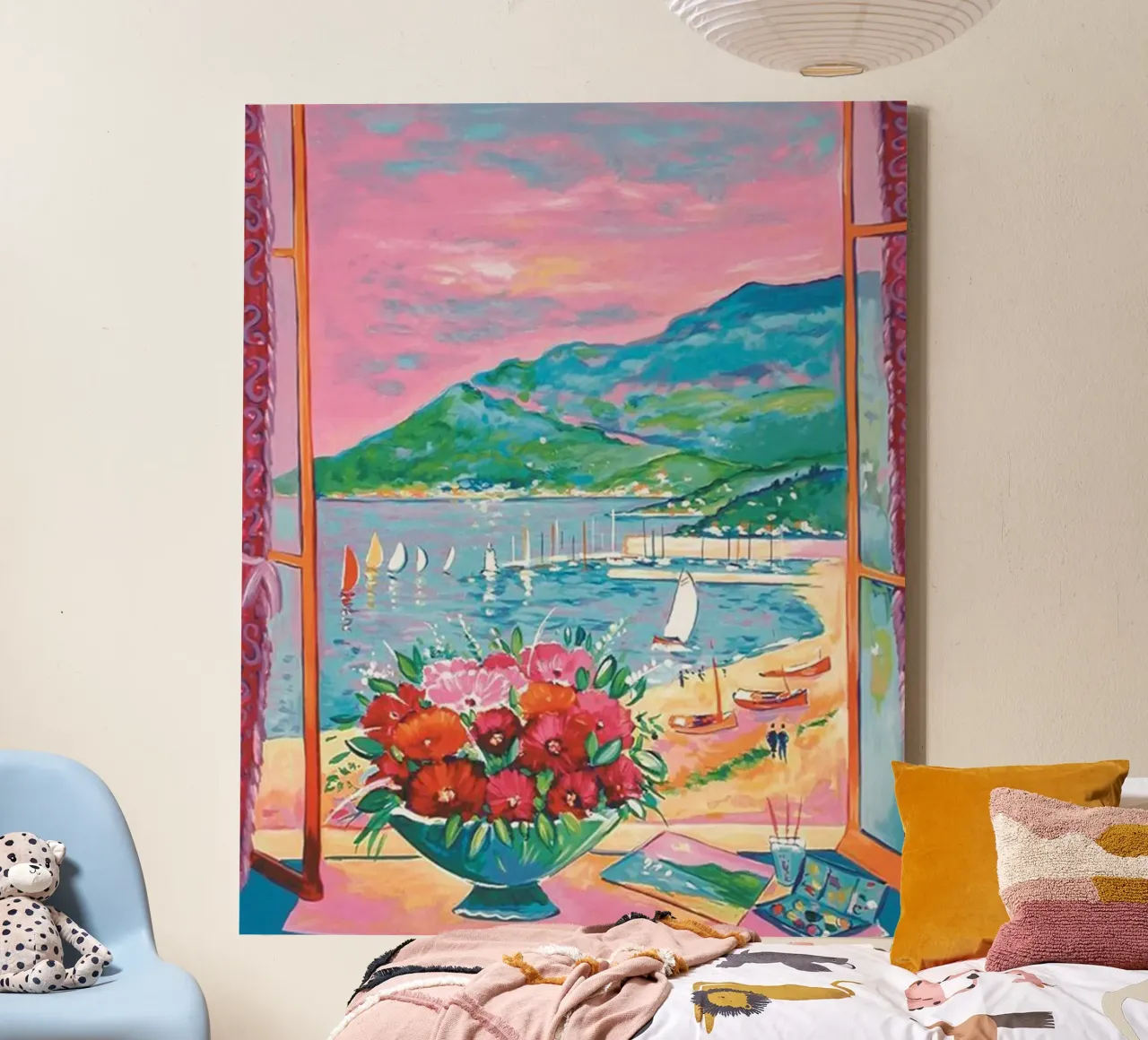 view of the coastline below the mountain canvas with Floater frame by briyan shop