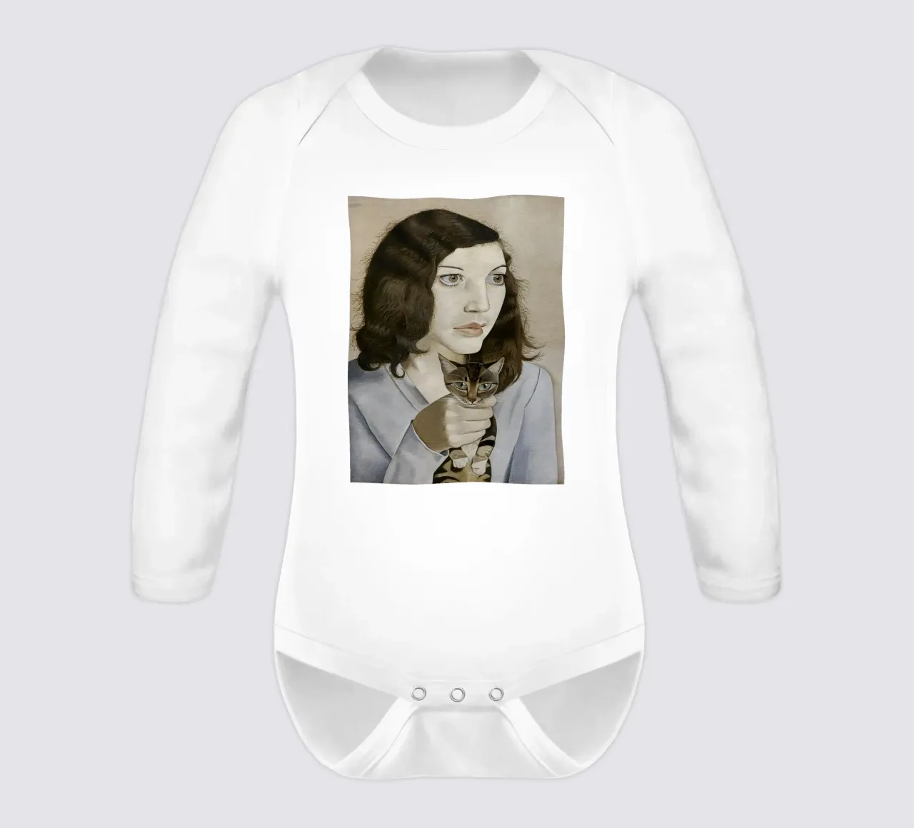 Girl with a Kitten - Lucian Freud long-sleeve baby romper by julyebayprint