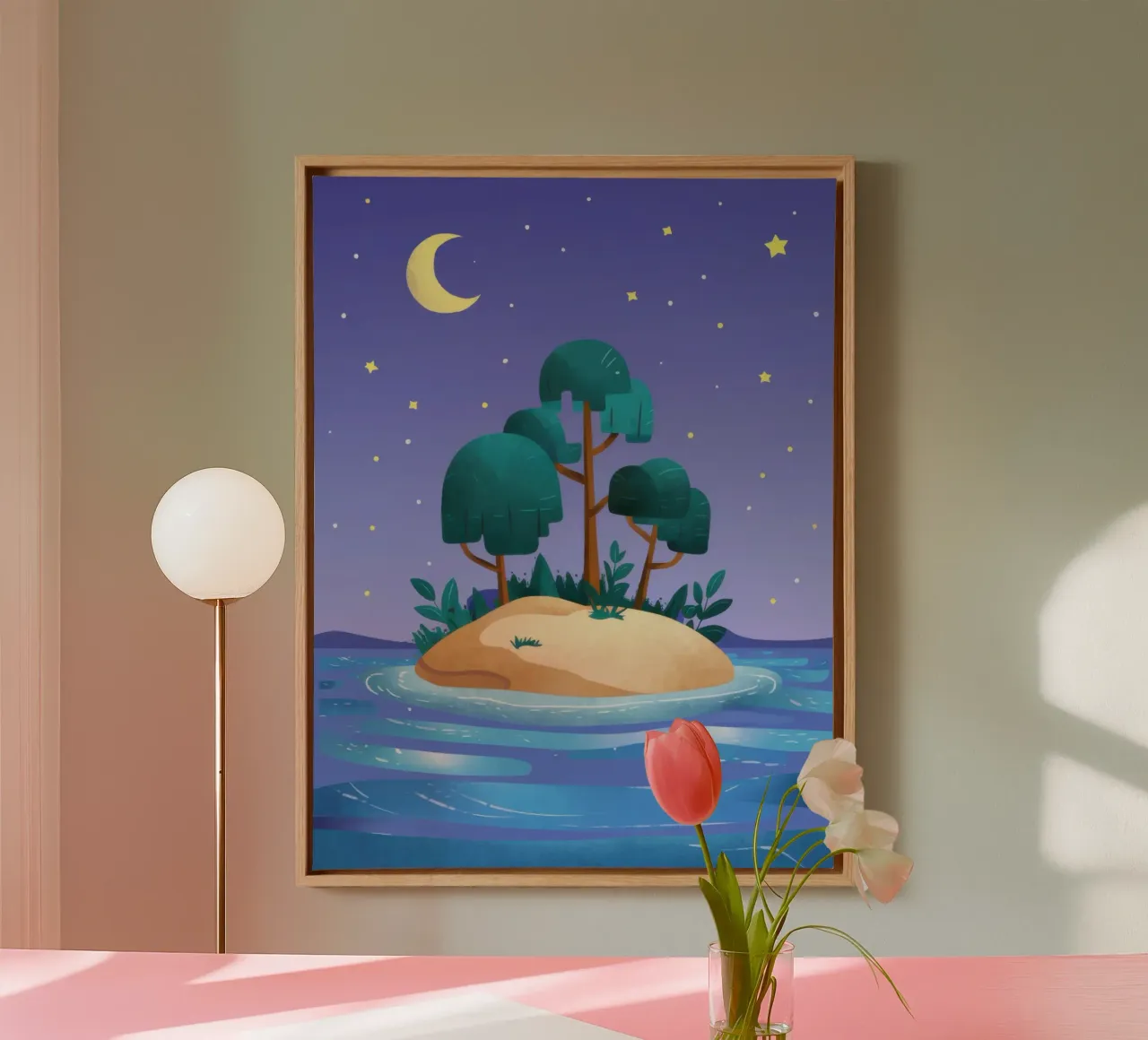 Nocturne Eiland Oase canvas met Baklijst van Giant Foxs
