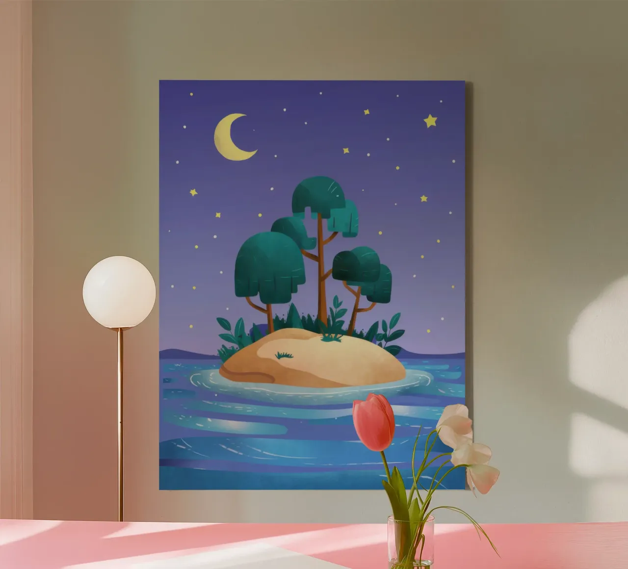 Nocturne Eiland Oase canvas met Baklijst van Giant Foxs