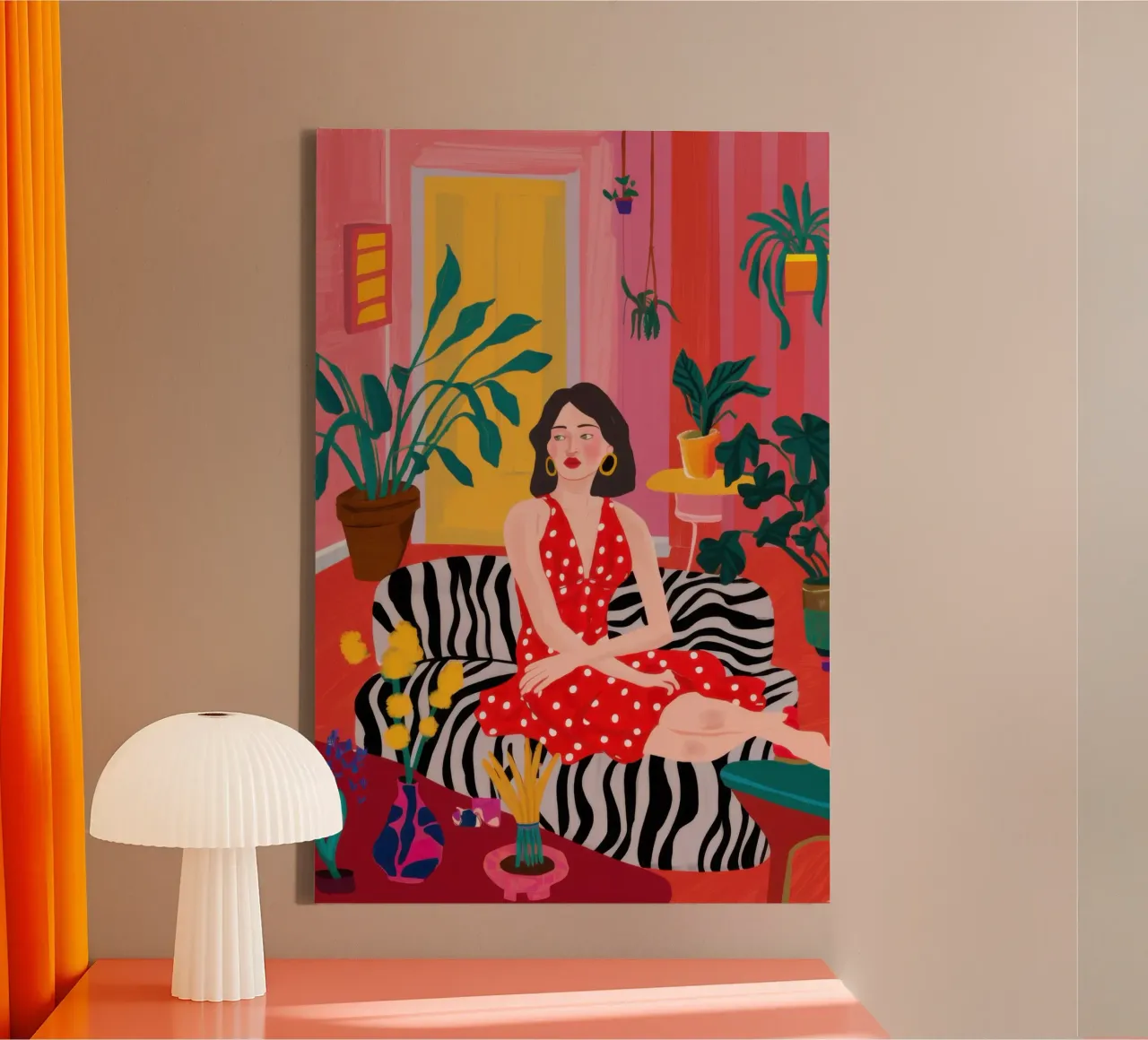 Maximalist Zebra Lounge canvas with Floater frame by Ink Pulse