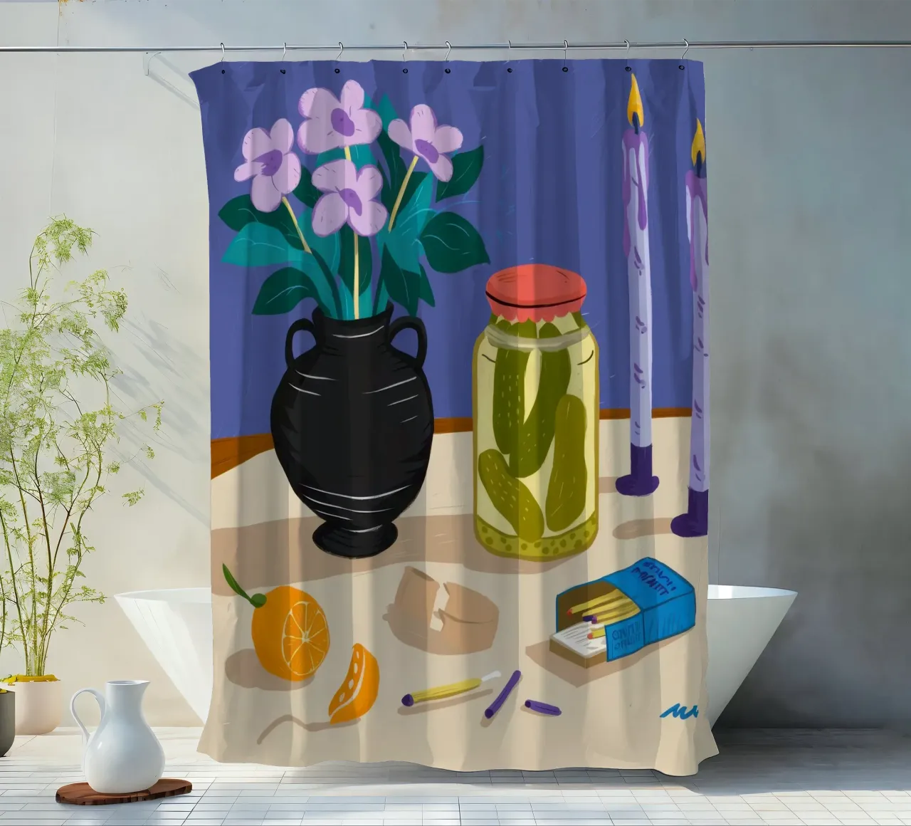 Midnight Table Narrative shower curtain by Mythy Brush