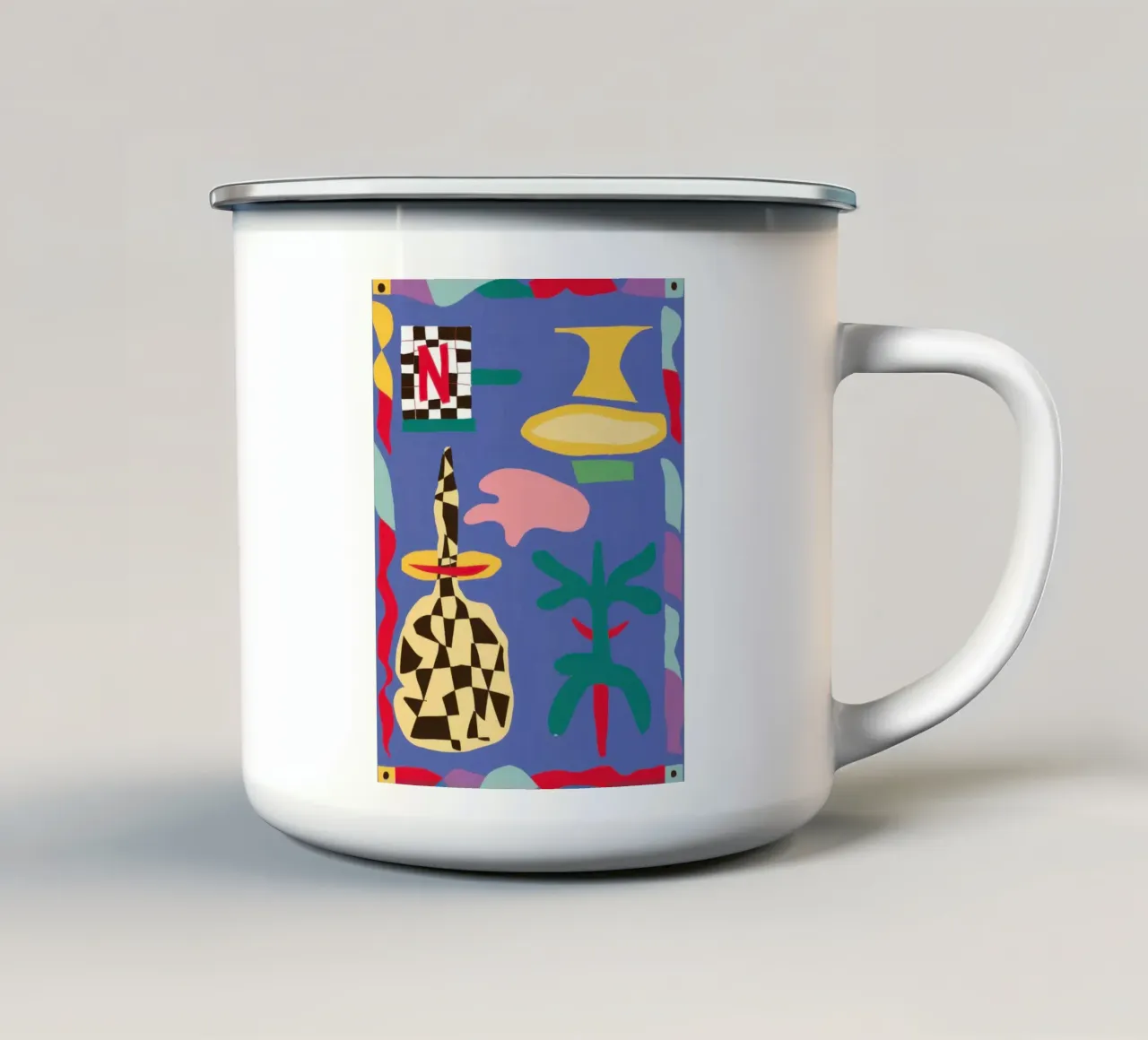 Gioia grafica decostruita tazza in smalto da Ink Pulse