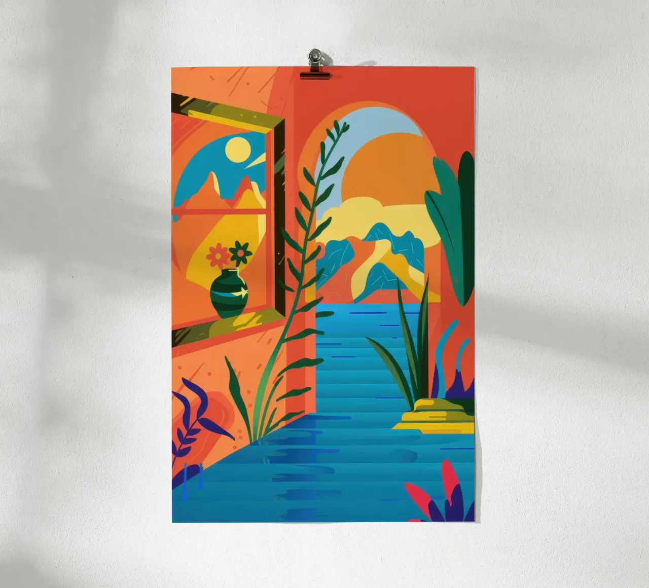 Vista Arco del Tramonto poster con telaio in legno da Mythy Brush