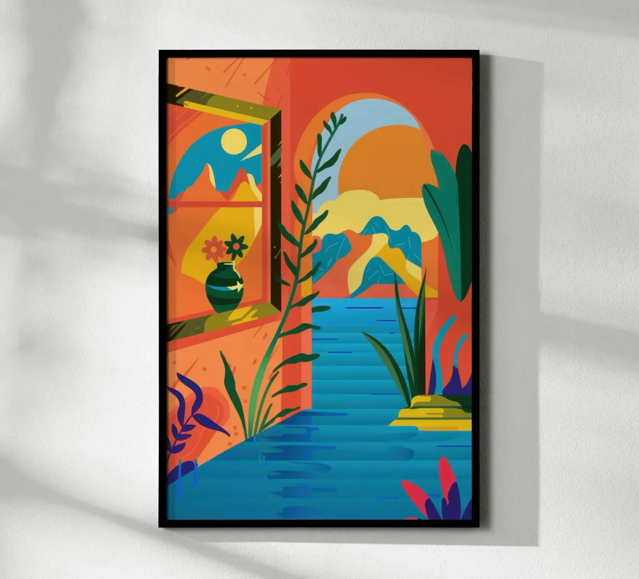 Vista Arco del Tramonto poster con telaio in legno da Mythy Brush