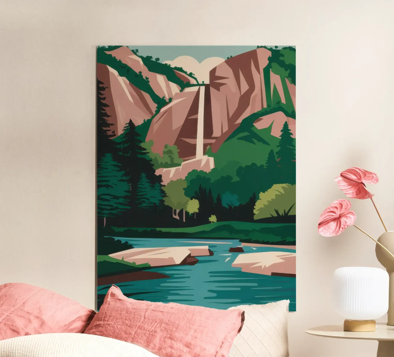 Cascata del canyon Verdant poster con telaio in plastica da Mythy Brush