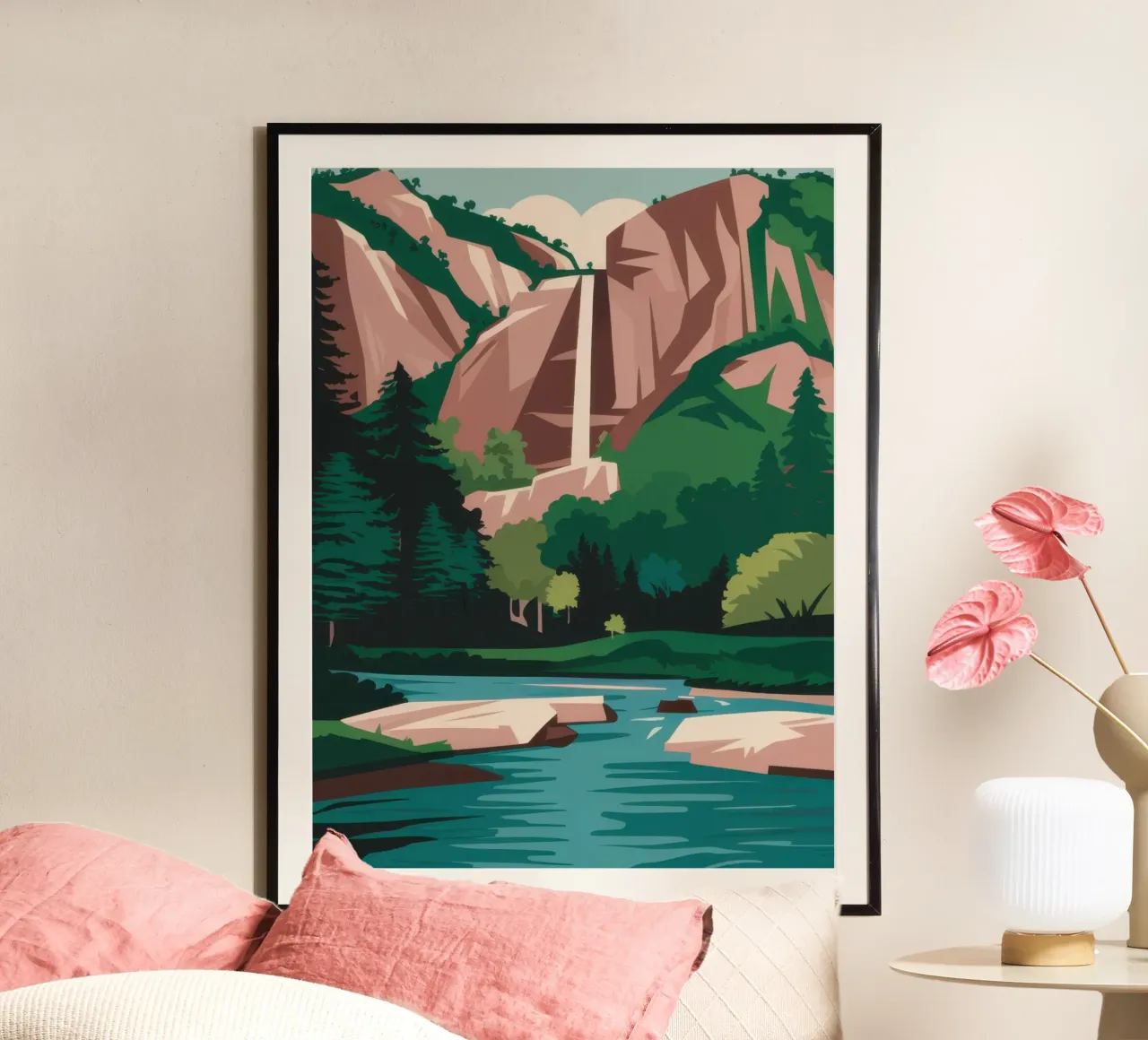 Cascata del canyon Verdant poster con telaio in plastica da Mythy Brush