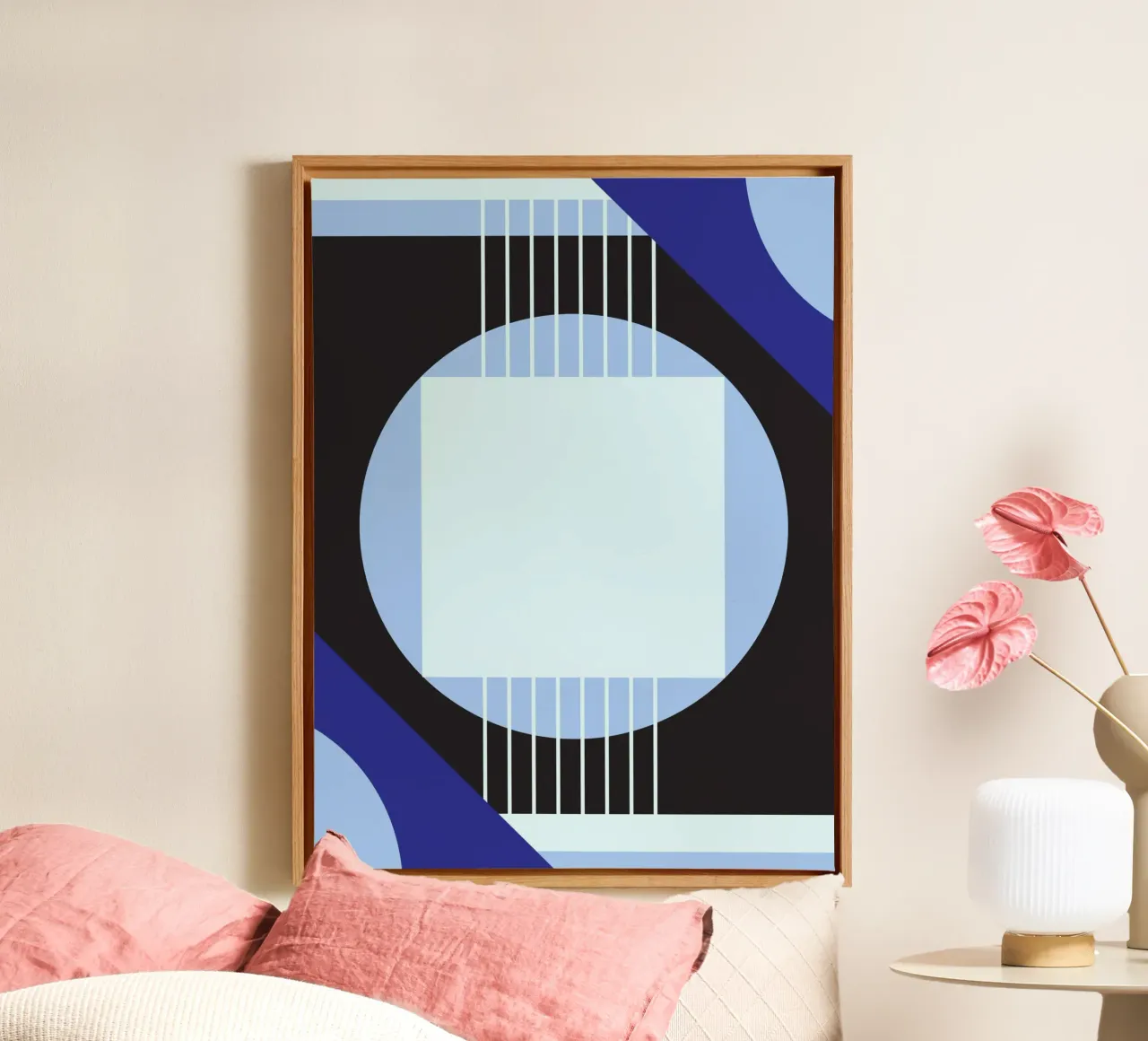 Bauhaus-geometrie - Blauwe abstracte compositie canvas met Baklijst van Studio Vibe