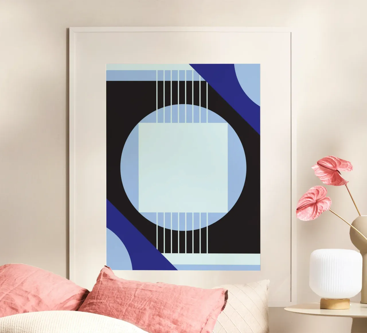 Bauhaus Geometry - Composición abstracta azul poster con marco de plástico de Studio Vibe