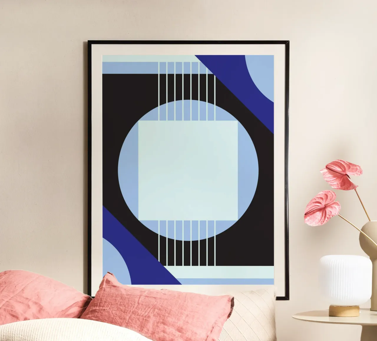 Bauhaus Geometry - Composición abstracta azul poster con marco de plástico de Studio Vibe