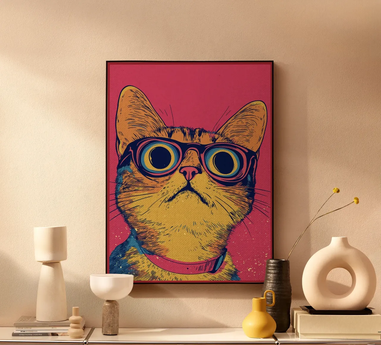 Gatto cool con occhiali in stile pop art alluminio dibond da Food And Kitchen