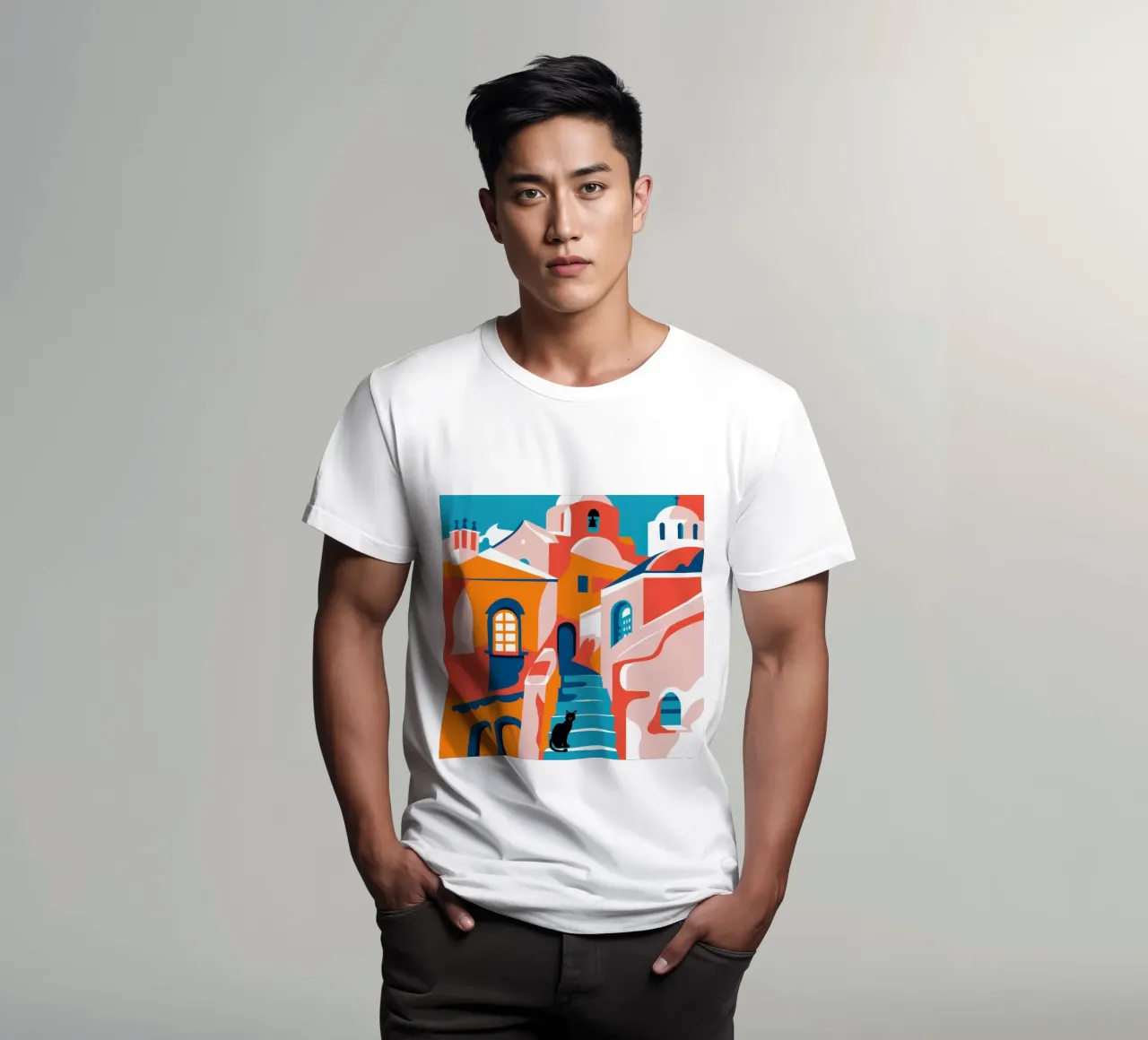 Cubist Hillside Town t-shirt by Monuments Fire