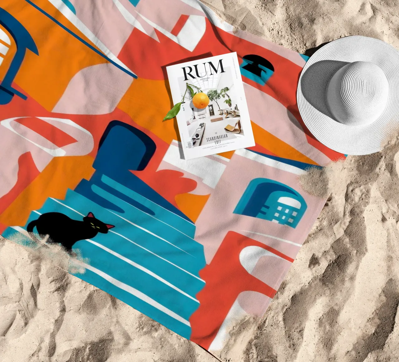 Cubist Hillside Town beach towel by Monuments Fire
