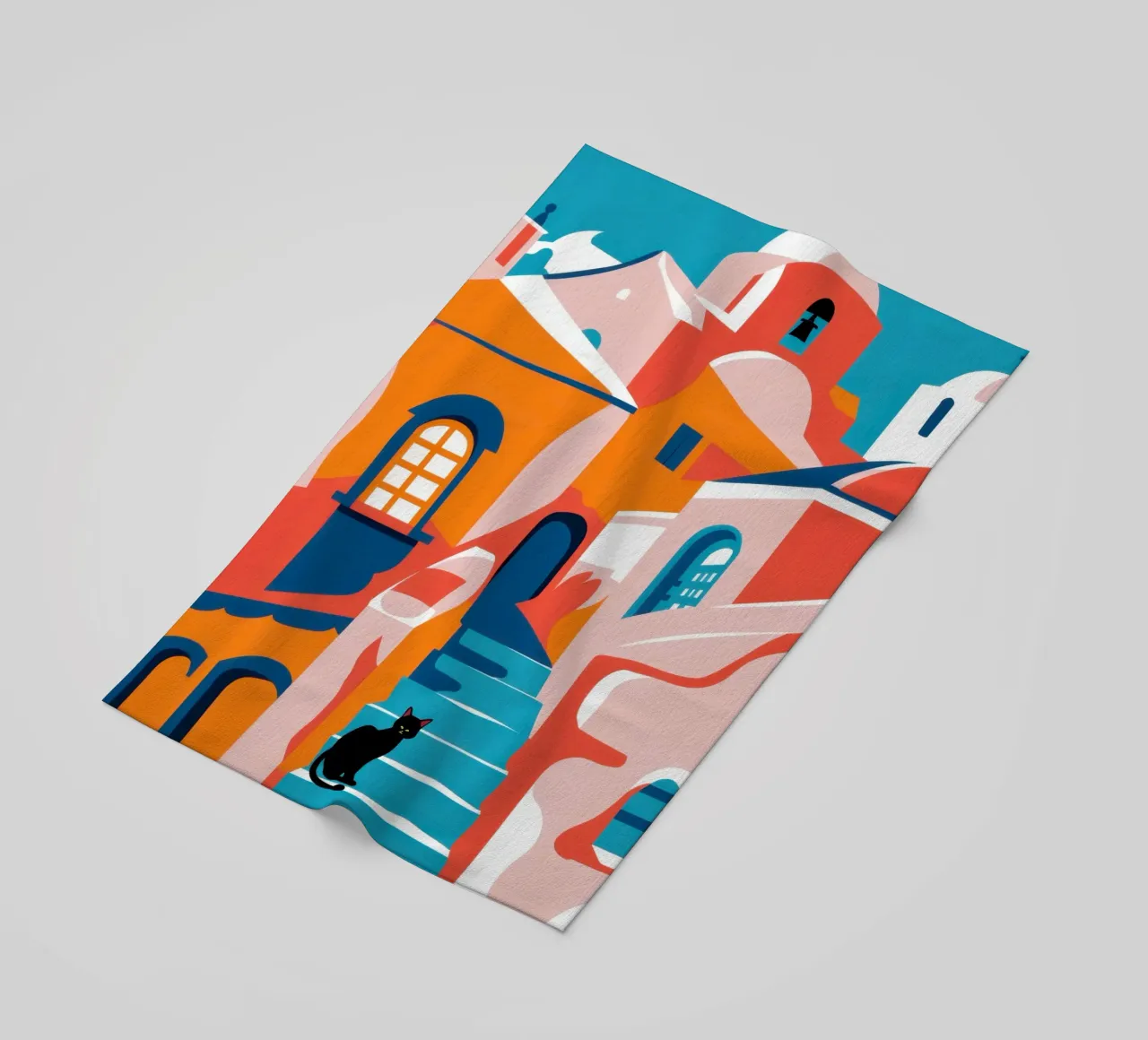 Cubist Hillside Town beach towel by Monuments Fire