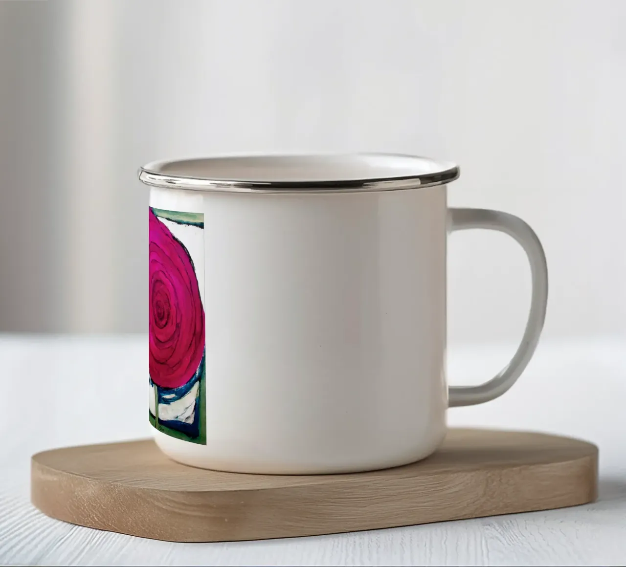 Twee rozen in roze emaille mok van Anita Gewald