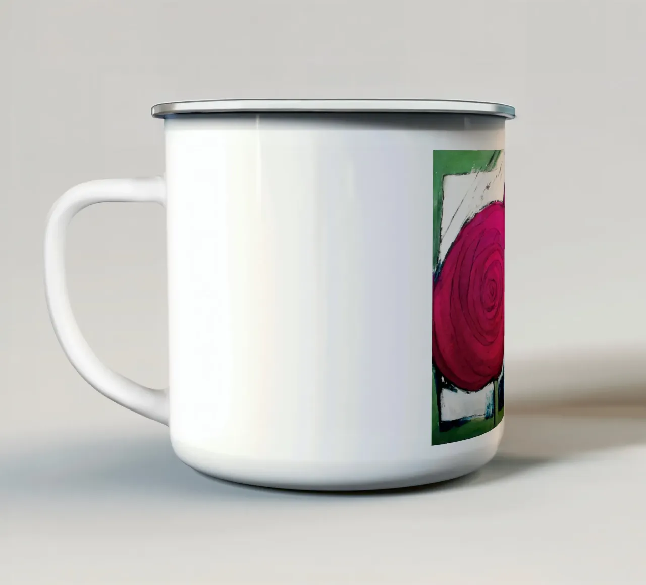 Twee rozen in roze emaille mok van Anita Gewald