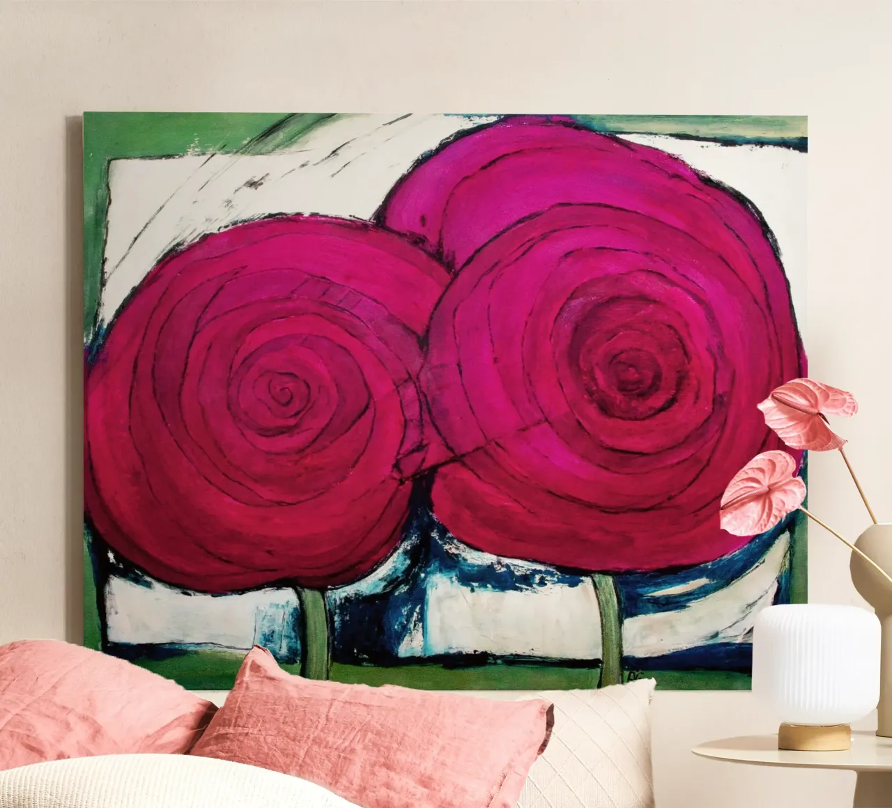 Due rose in rosa tela con Cornice a cassetta da Anita Gewald