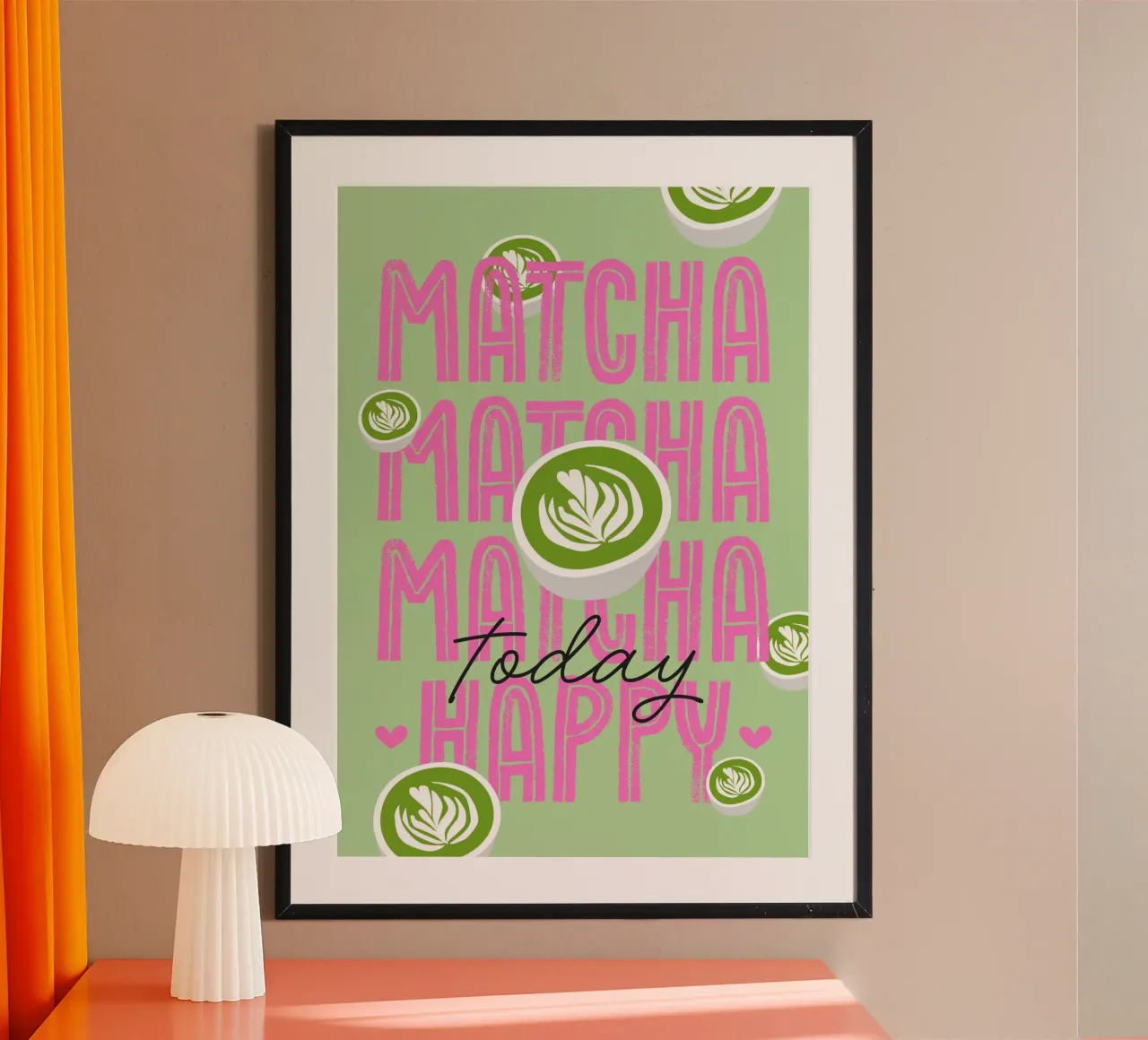 Matcha happy today poster with wooden frame by Fraysein Design