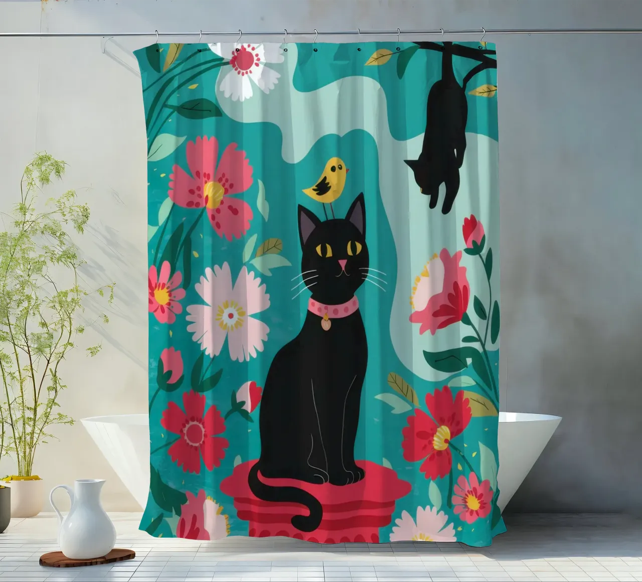 Floral Feline Divinity shower curtain by Monuments Fire