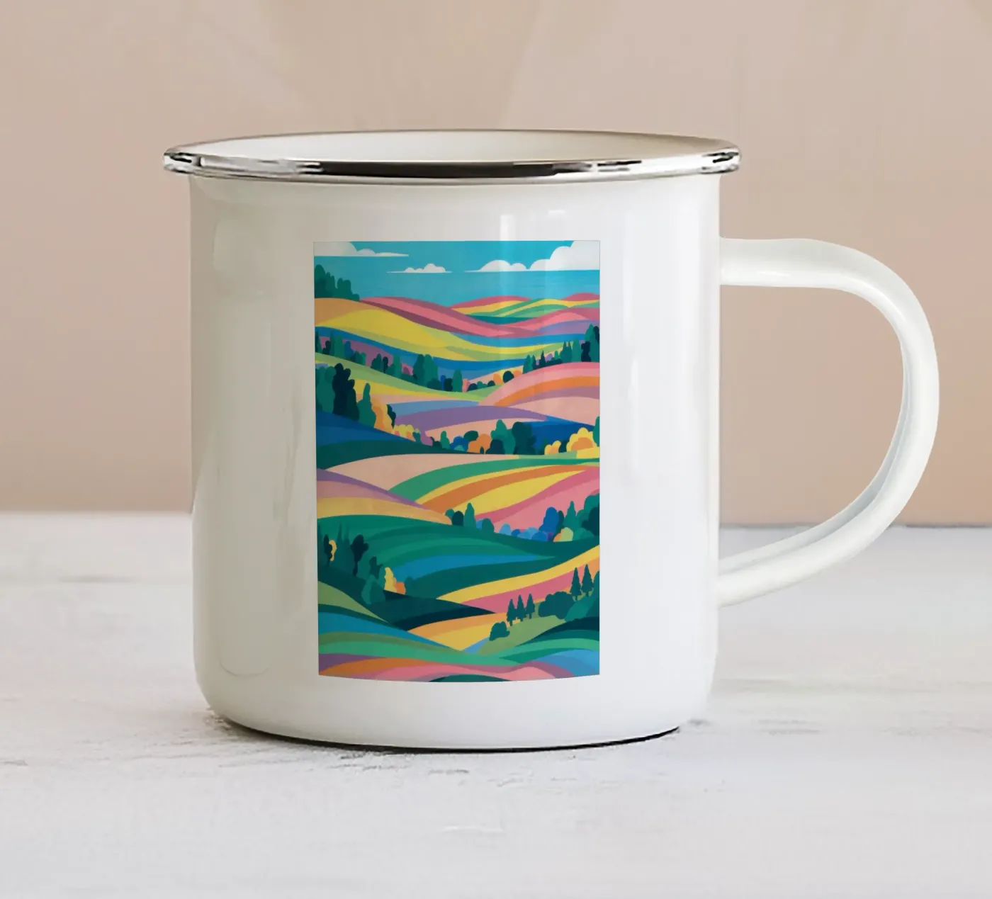 Prismatic Patchwork Fields enamel mug by Reds Jays