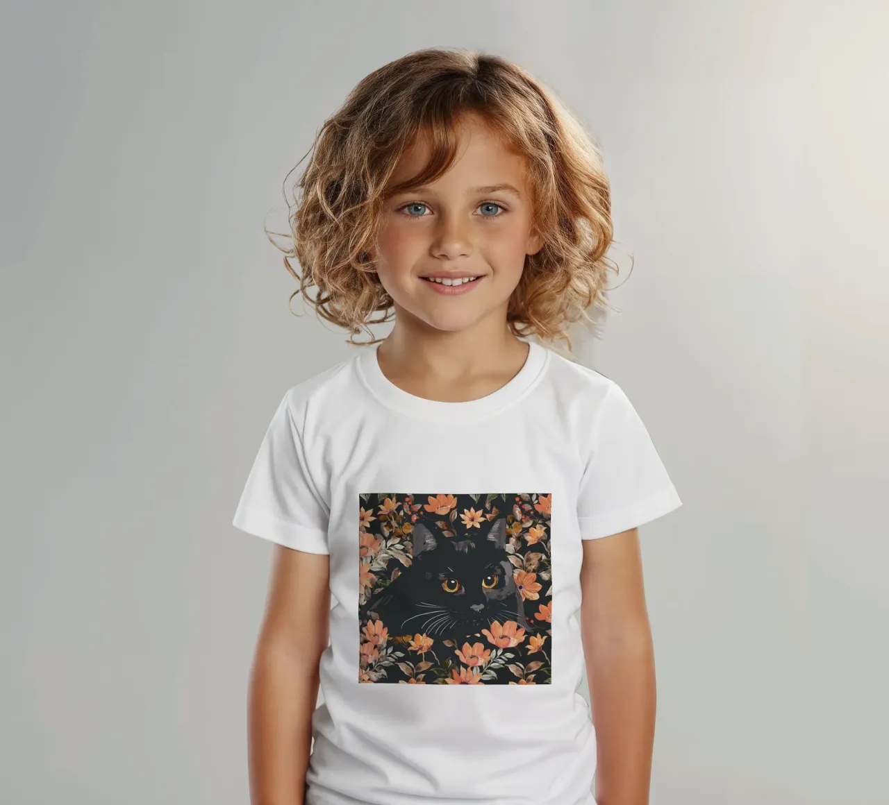 Floral Black Cat kids t-shirt by ThingDesign