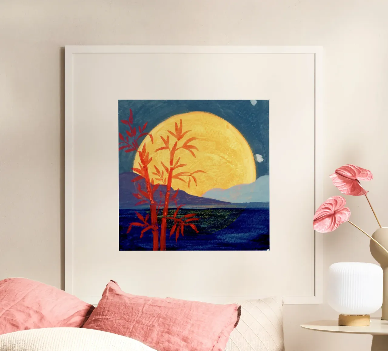 Luna paesaggio notturno con bambù poster con telaio in legno da Nica Colorie